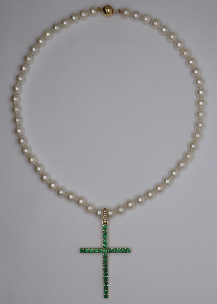 Emerald and Diamond Cross Pendant with Akoya Pearl Necklace